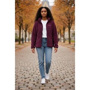 Columbia Women's Fleece Jacket Full‎ Zip Up Plum Burgundy Black Outdoors Size L